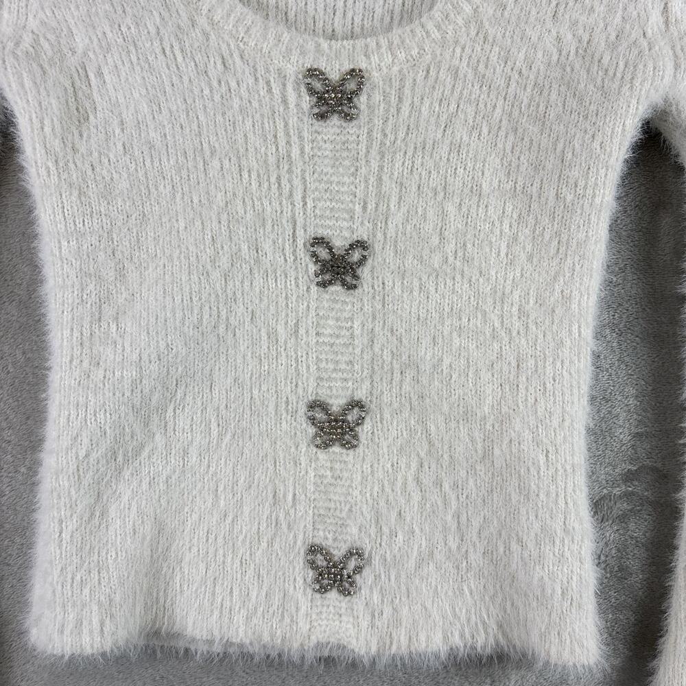 No Boundaries Fuzzy Butterfly Cardigan Womens XS White Soft Girl Y2K - Picture 3 of 7